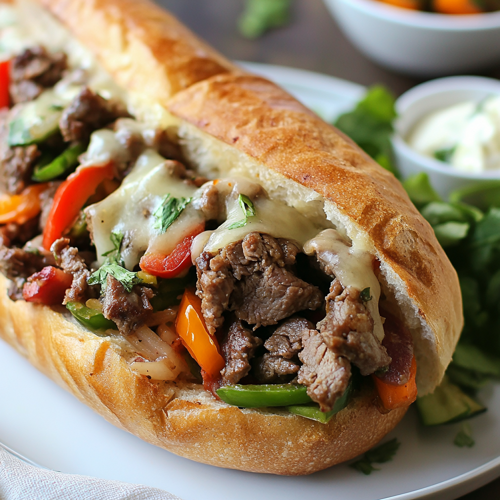 A healthier version of the Philly Cheesesteak with lean beef, whole-grain rolls, and extra vegetables. The sandwich is served with a side of fresh salad or veggies.