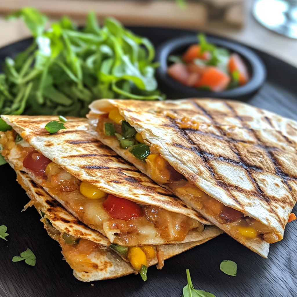 
A healthy version of the quesadilla with whole-wheat tortillas and extra vegetables, served with a side of fresh greens.
