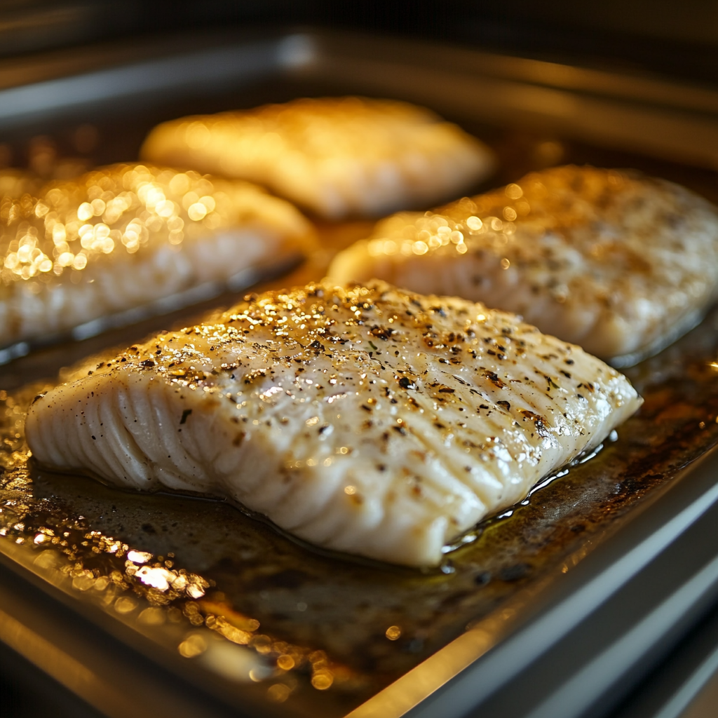Fish fillets baking in the oven on a baking sheet