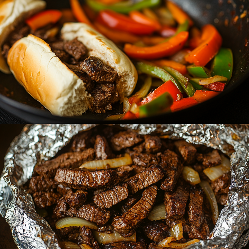 Step-by-step cooking process: steak browning in the skillet, onions and peppers being added, the beef mixture being divided onto hoagie rolls, and sandwiches being wrapped in foil for baking.