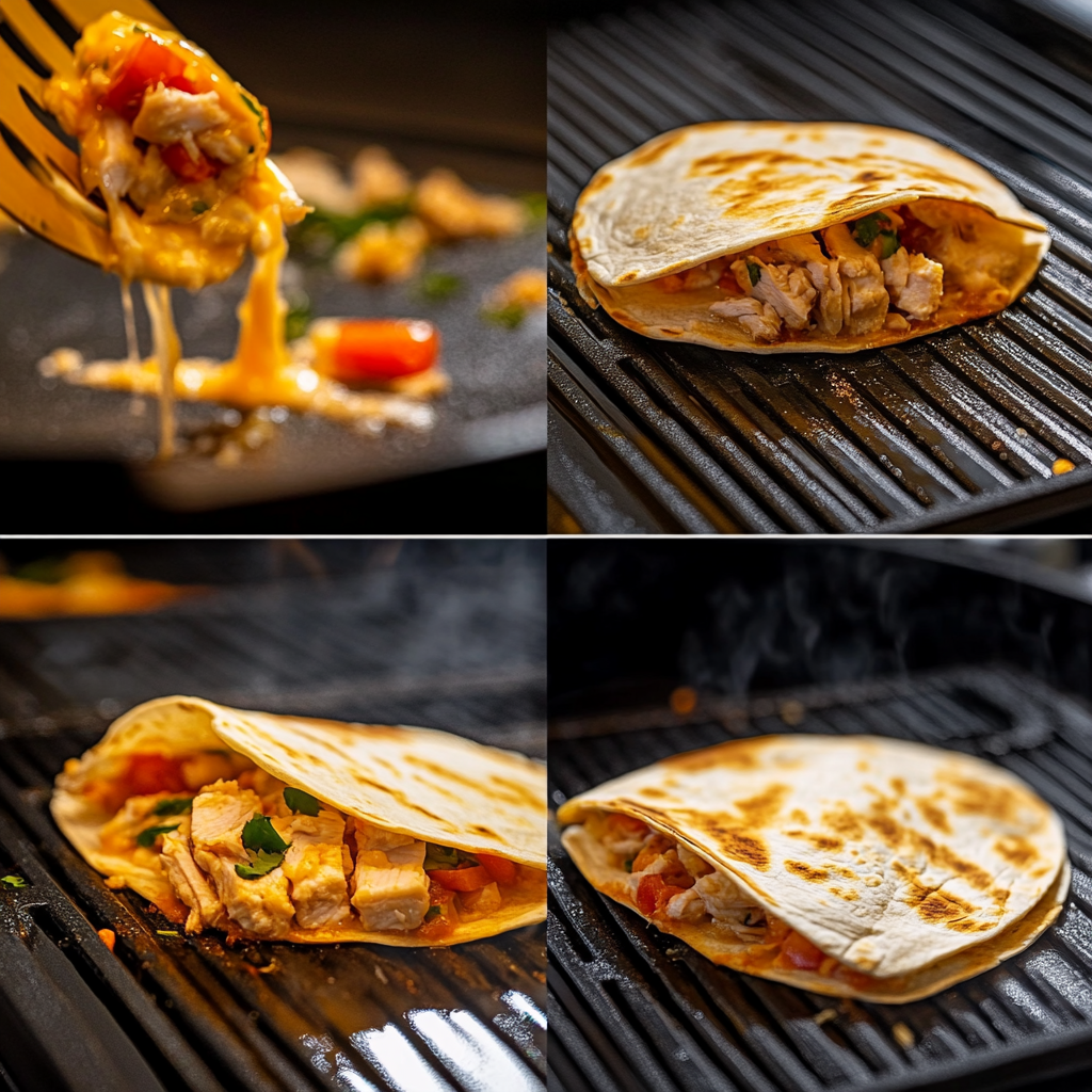 Step-by-step images: a tortilla on the griddle, chicken and cheese mixture being added, the tortilla folded and cooking, and the finished quesadilla cut into wedges.