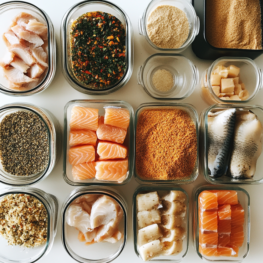 Various fish types and ingredients for homemade seasoning