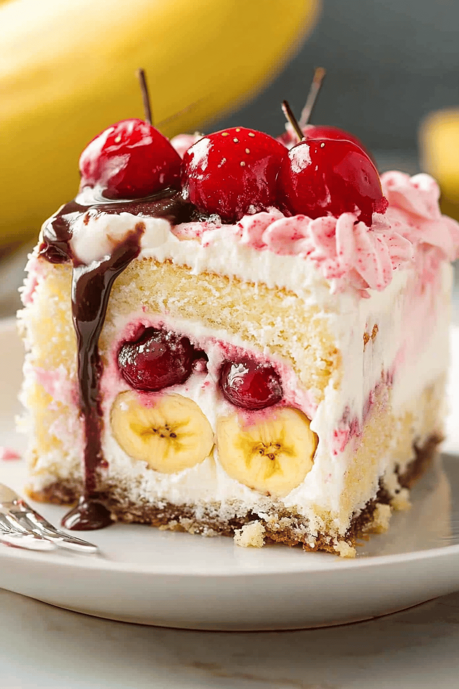 Banana Split Poke Cake Final Dish Presentation