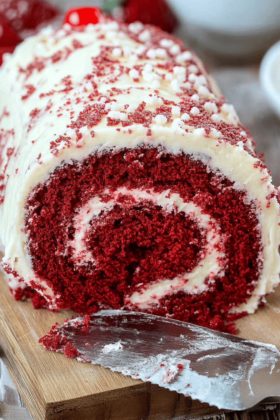 Red Velvet Cake Roll Final Dish Presentation