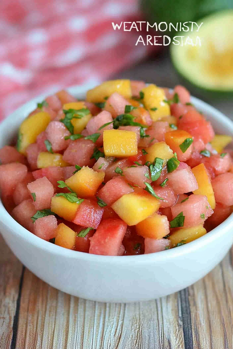 Watermelon Peach Salsa Final Dish Presentation