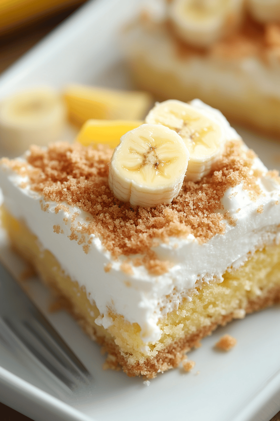 Banana Pudding Poke Cake final dish beautifully presented and ready to serve