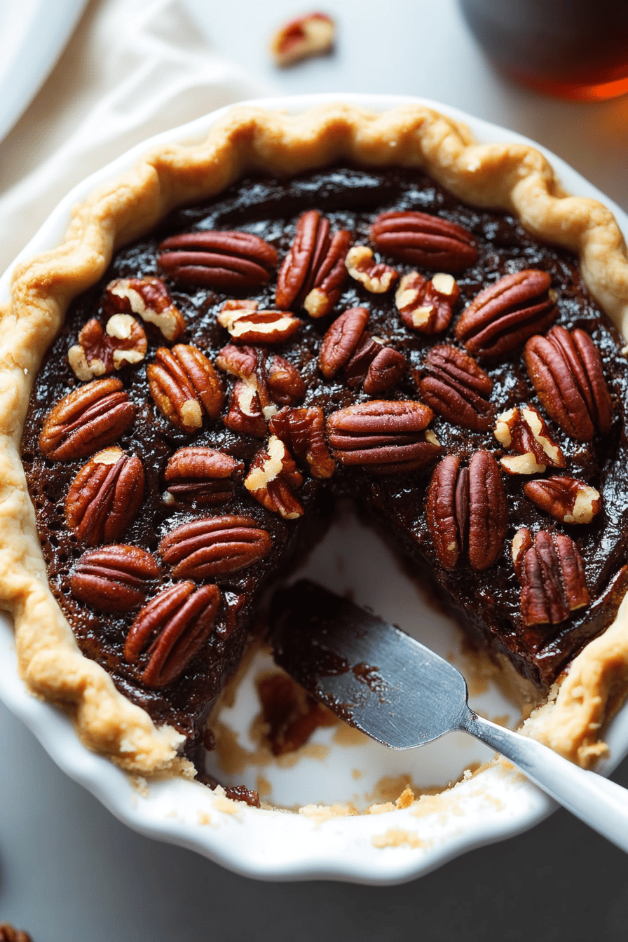 Chocolate Bourbon Pecan Pie final dish beautifully presented and ready to serve