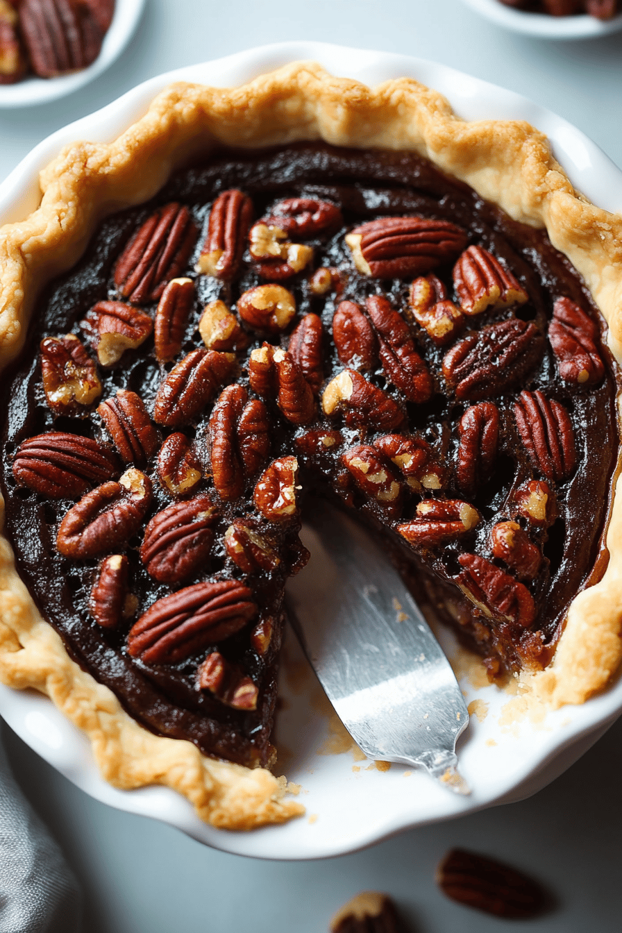 Chocolate Bourbon Pecan Pie ingredients organized and measured on kitchen counter