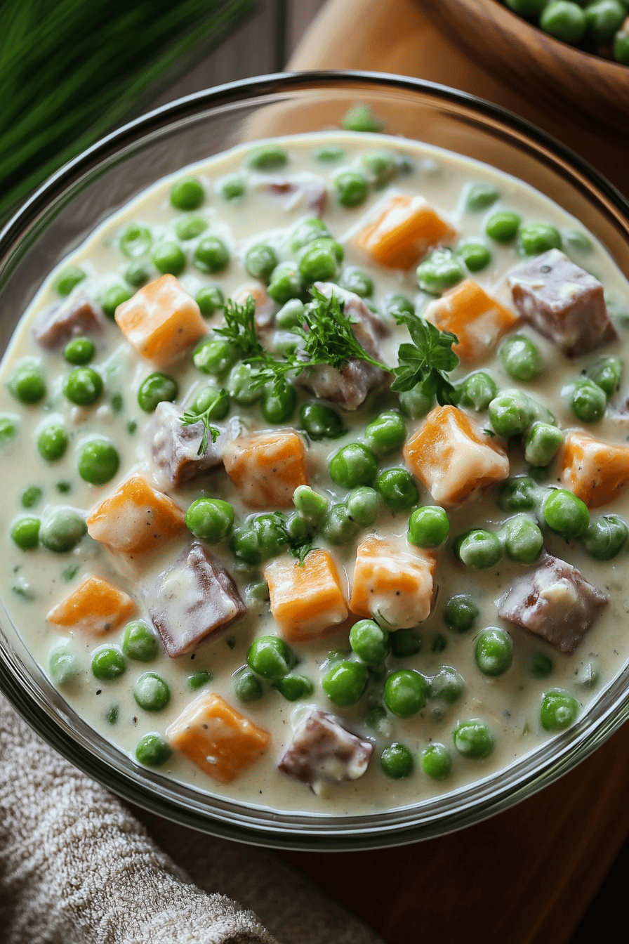Creamy Pea Salad ingredients organized and measured on kitchen counter