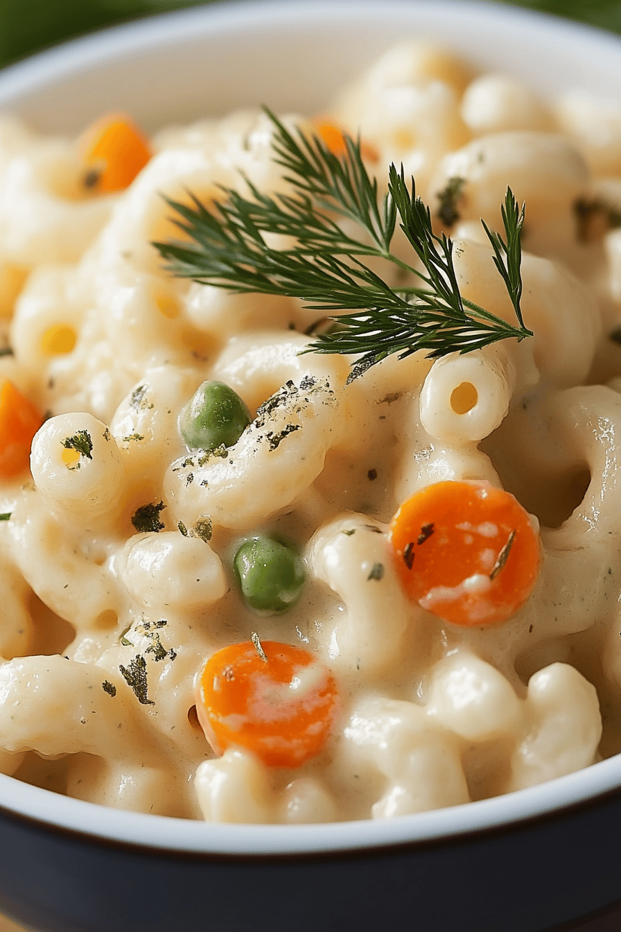 Dill Pickle Macaroni Salad final dish beautifully presented and ready to serve