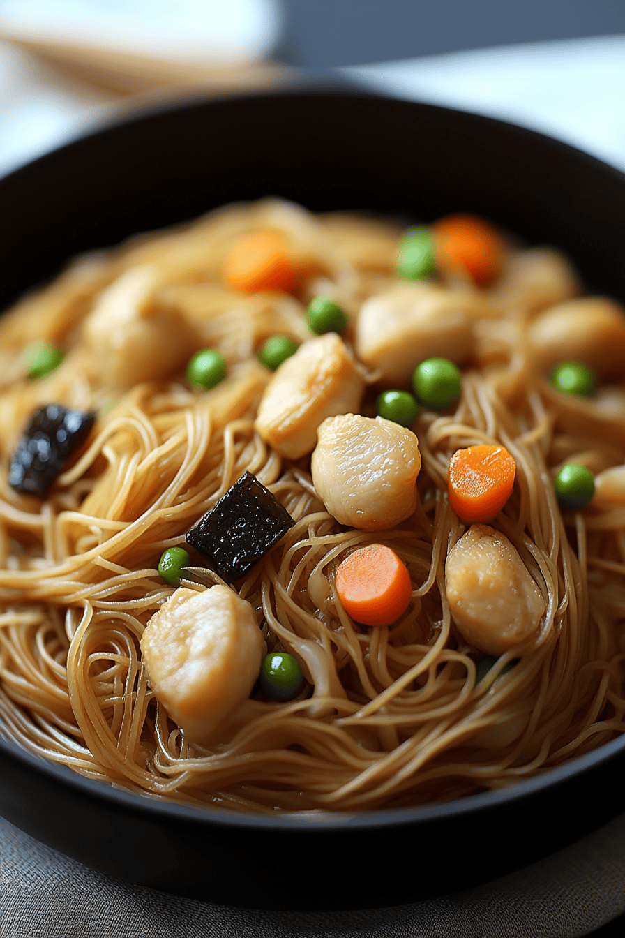 Filipino Pancit Chicken final dish beautifully presented and ready to serve
