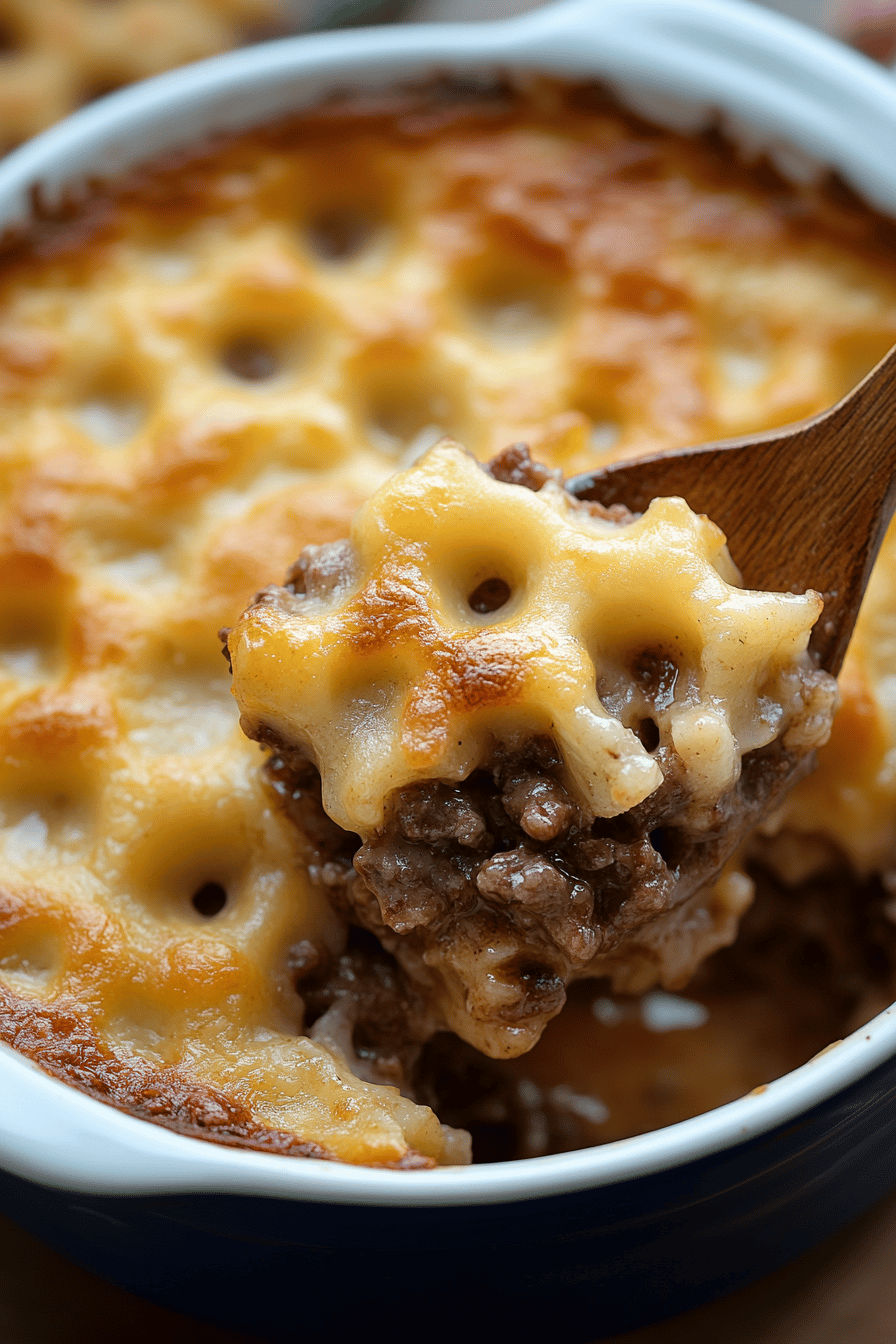 French Onion Beef Casserole final dish beautifully presented and ready to serve