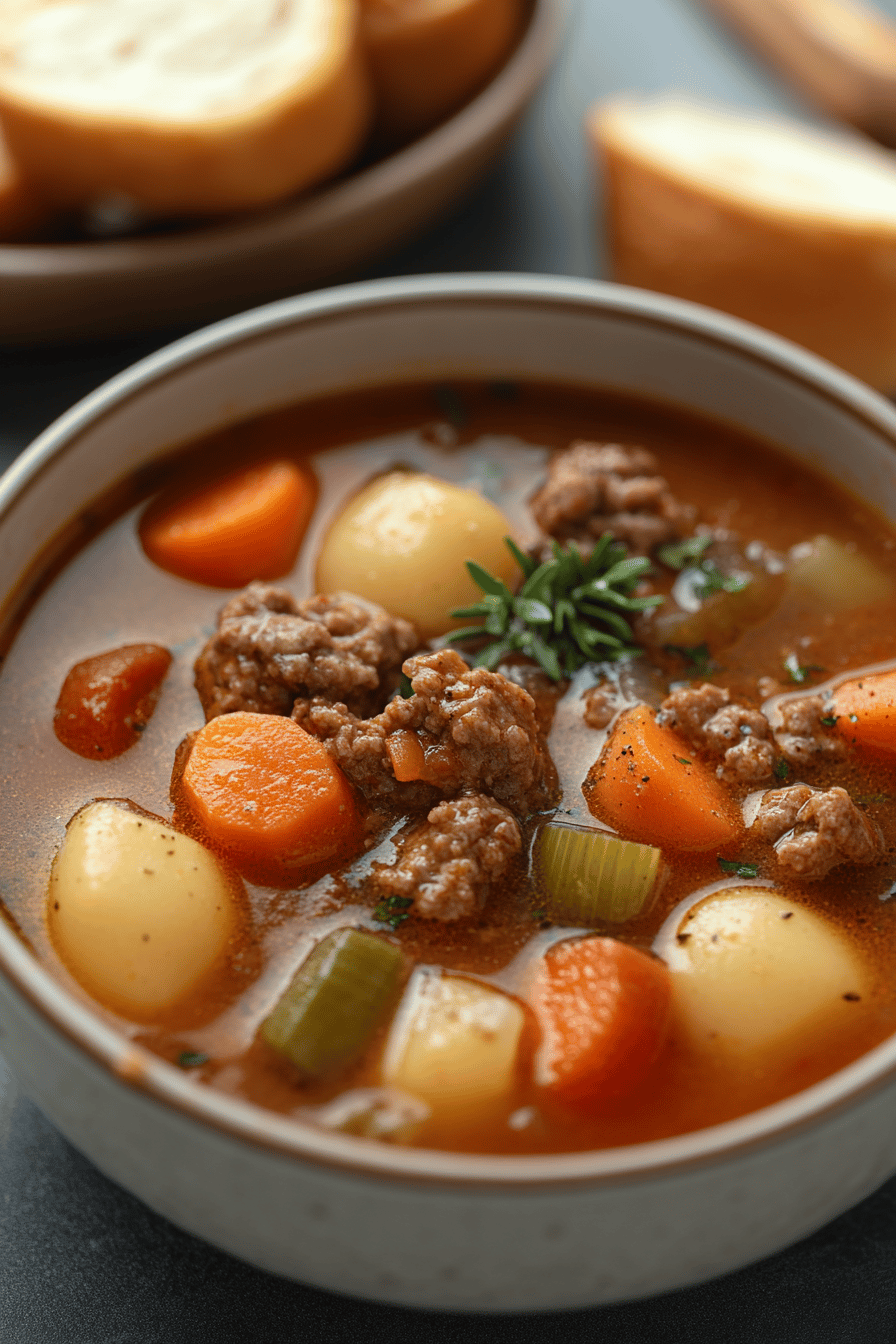 Hamburger Soup Recipe ingredients organized and measured on kitchen counter