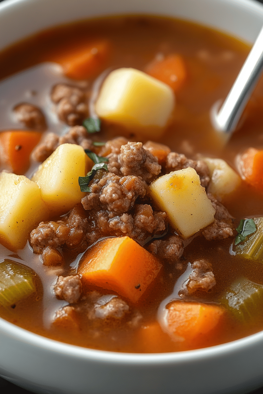 Hamburger Stew Recipe ingredients organized and measured on kitchen counter