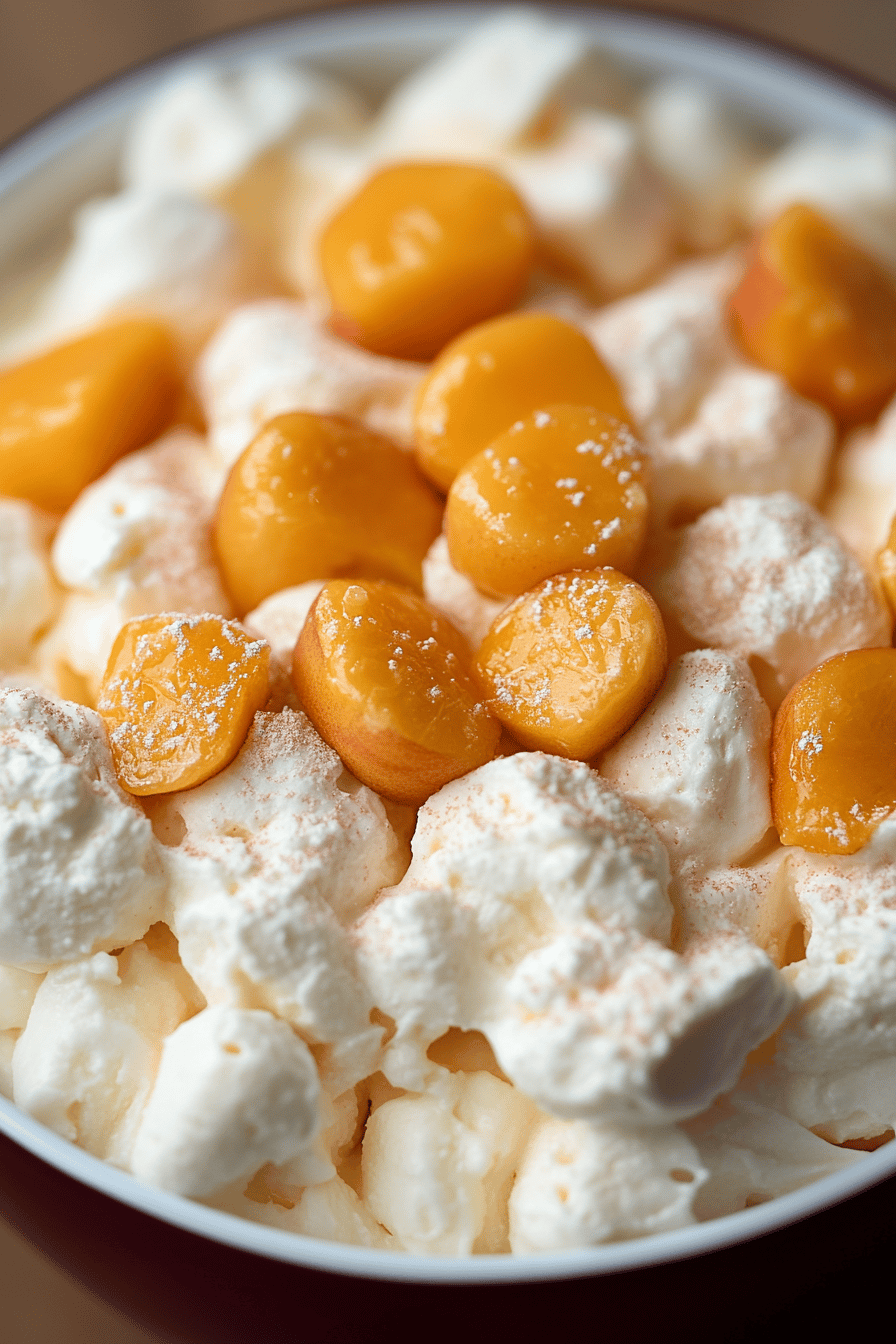 Peach Fluff Salad Recipe slice on plate showing perfect texture and swirl pattern