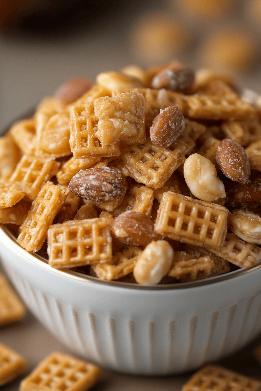 Praline Crunch Snack Mix ingredients organized and measured on kitchen counter