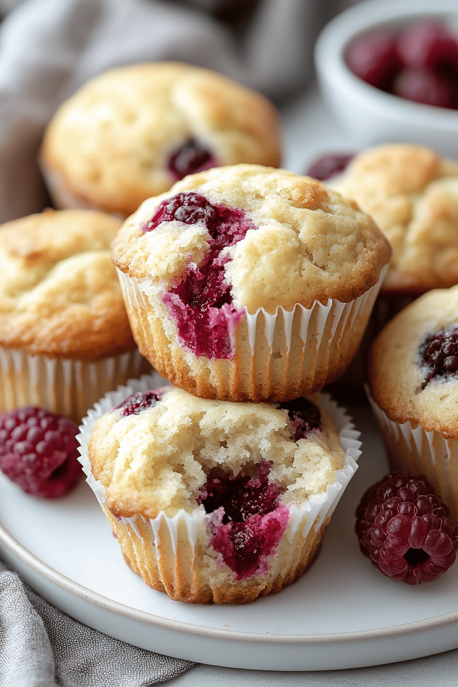 Raspberry Muffins Recipe ingredients organized and measured on kitchen counter