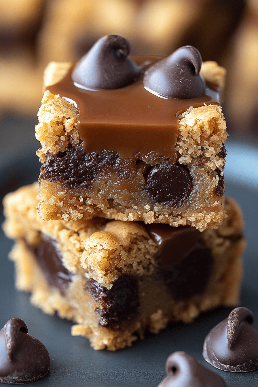 Salted Caramel Chocolate Chip Cookie Bars final dish beautifully presented and ready to serve