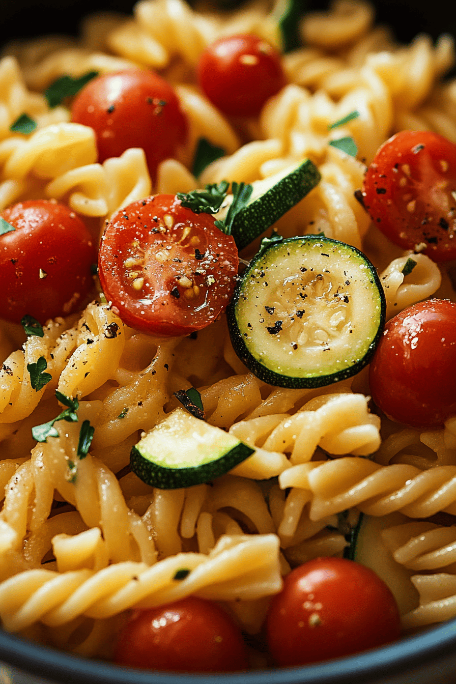 Tomato Zucchini Pasta final dish beautifully presented and ready to serve