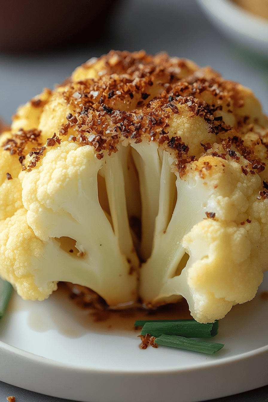 Whole Roasted Cauliflower final dish beautifully presented and ready to serve