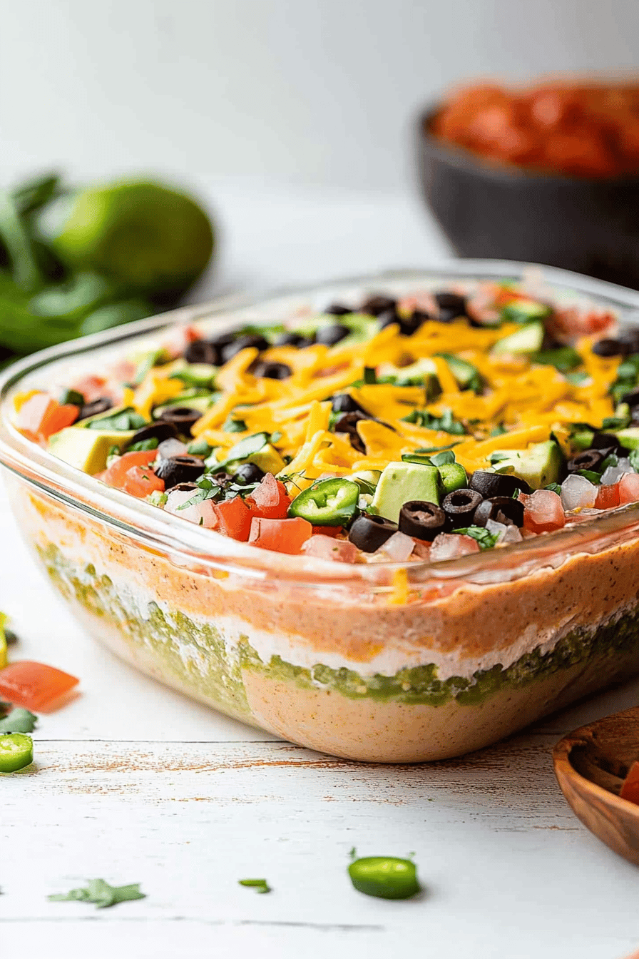 7-Layer Dip ingredients organized and measured on kitchen counter
