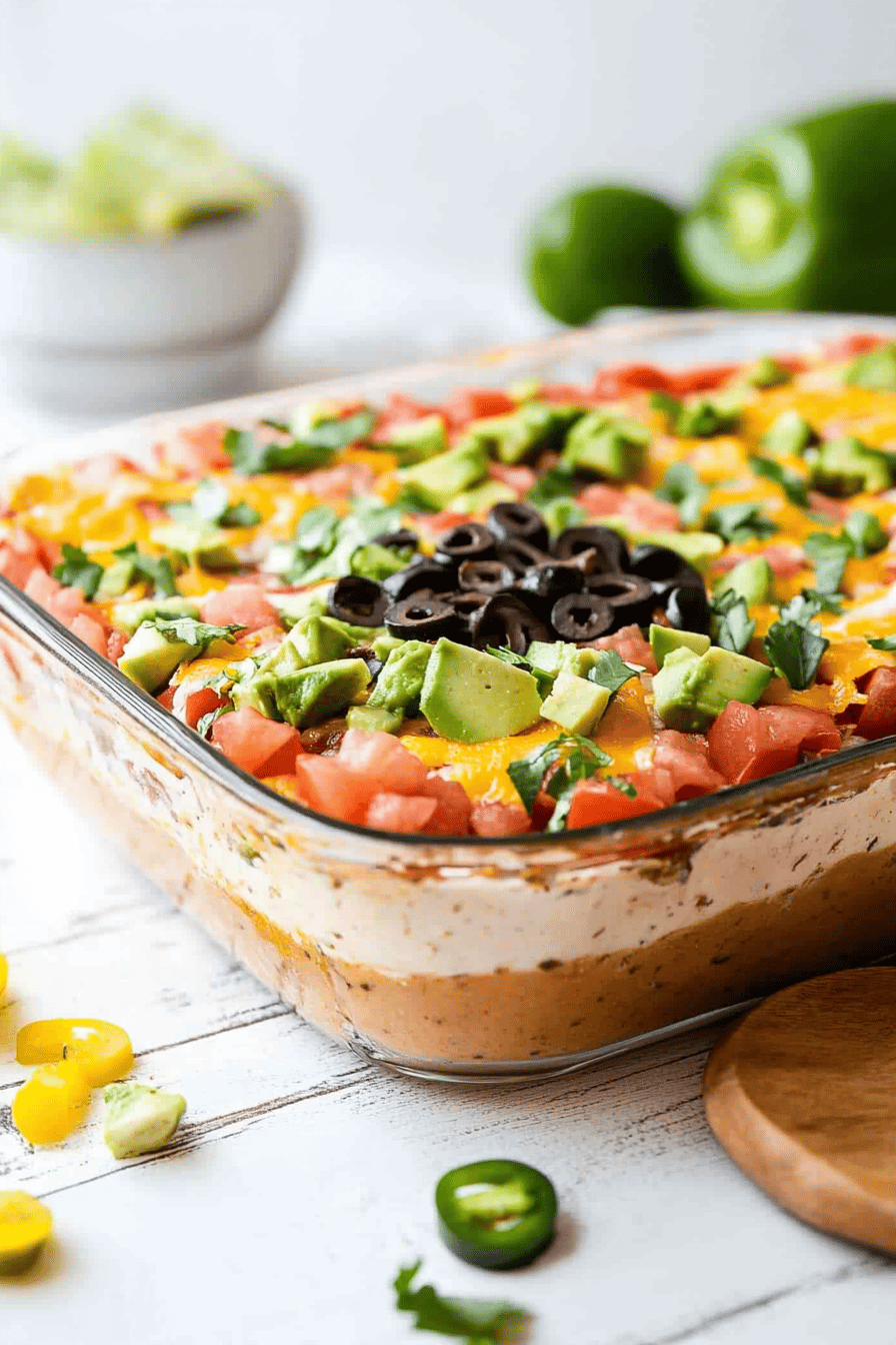 7-Layer Dip final dish beautifully presented and ready to serve