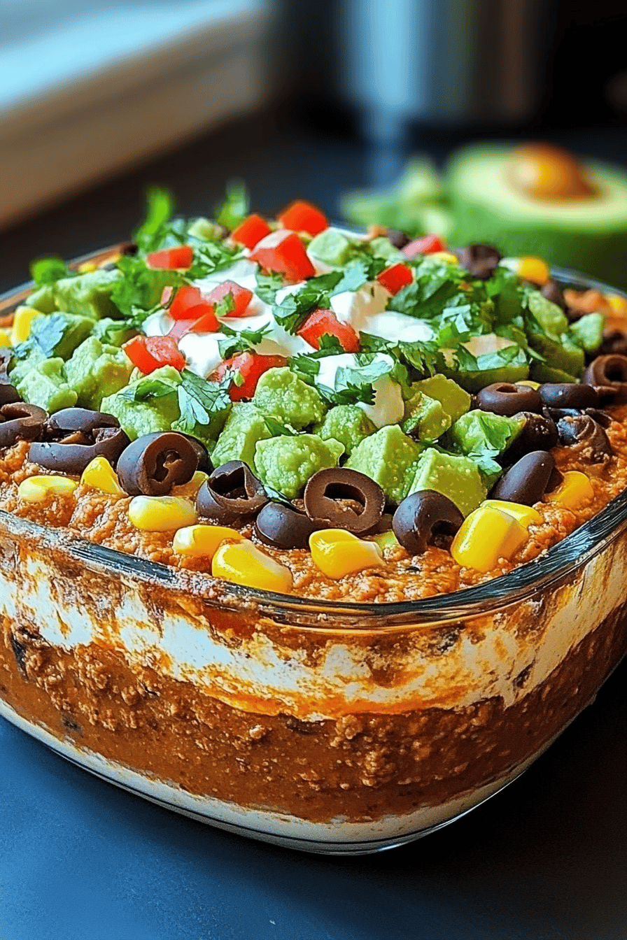 7-Layer Mexican Dip final dish beautifully presented and ready to serve