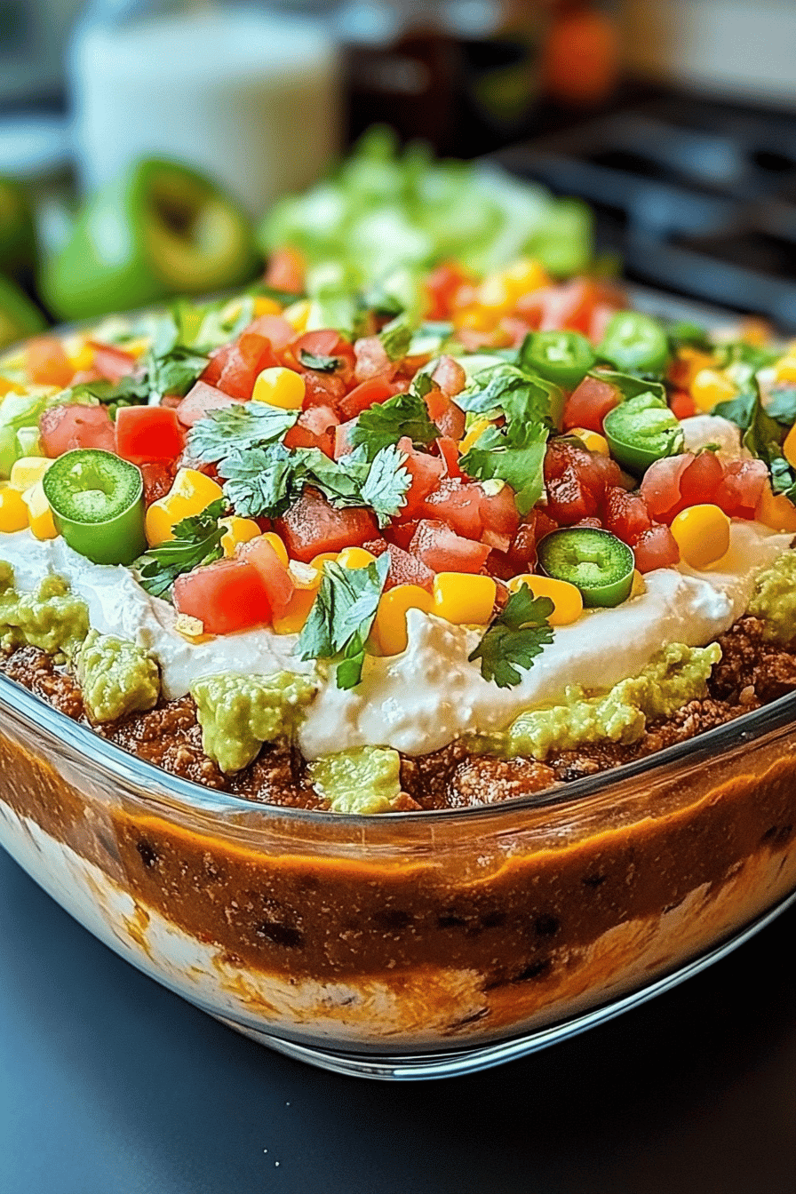 7-Layer Mexican Dip ingredients organized and measured on kitchen counter