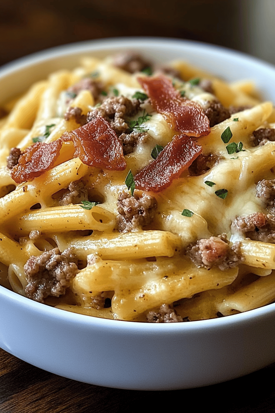 Bacon Cheeseburger Pasta slice on plate showing perfect texture and swirl pattern