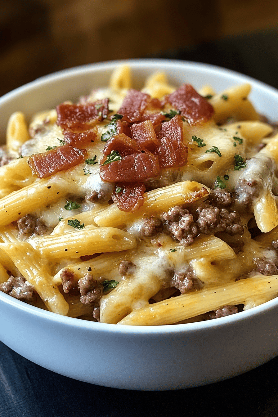 Bacon Cheeseburger Pasta final dish beautifully presented and ready to serve