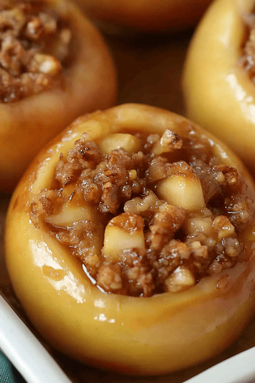 Baked Stuffed Apples slice on plate showing perfect texture and swirl pattern