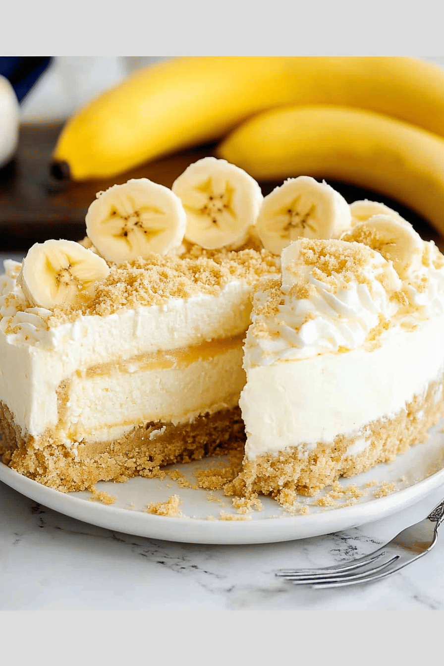 Banana Cream Cheesecake slice on plate showing perfect texture and swirl pattern