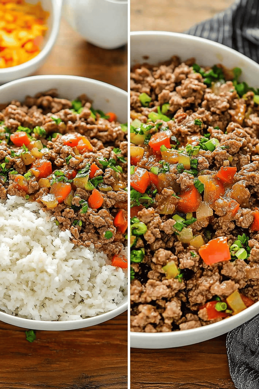 Beef Bowl Recipe ingredients organized and measured on kitchen counter