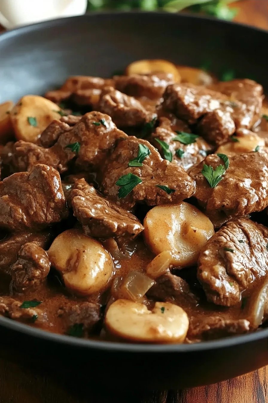 Beef Stroganoff Recipe ingredients organized and measured on kitchen counter