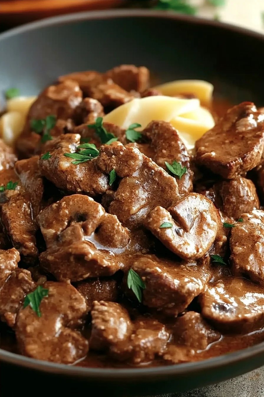 Beef Stroganoff Recipe slice on plate showing perfect texture and swirl pattern