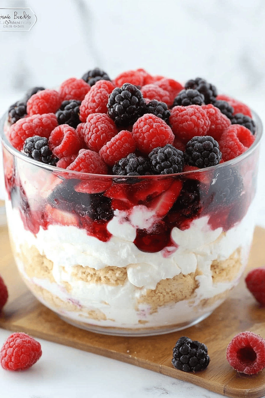 Berries and Cream Trifle slice on plate showing perfect texture and swirl pattern