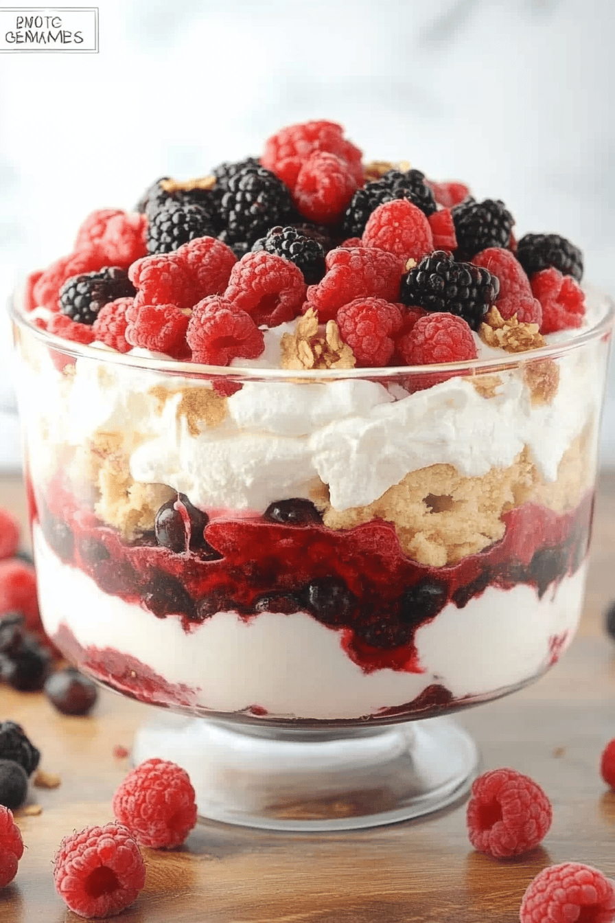 Berries and Cream Trifle final dish beautifully presented and ready to serve