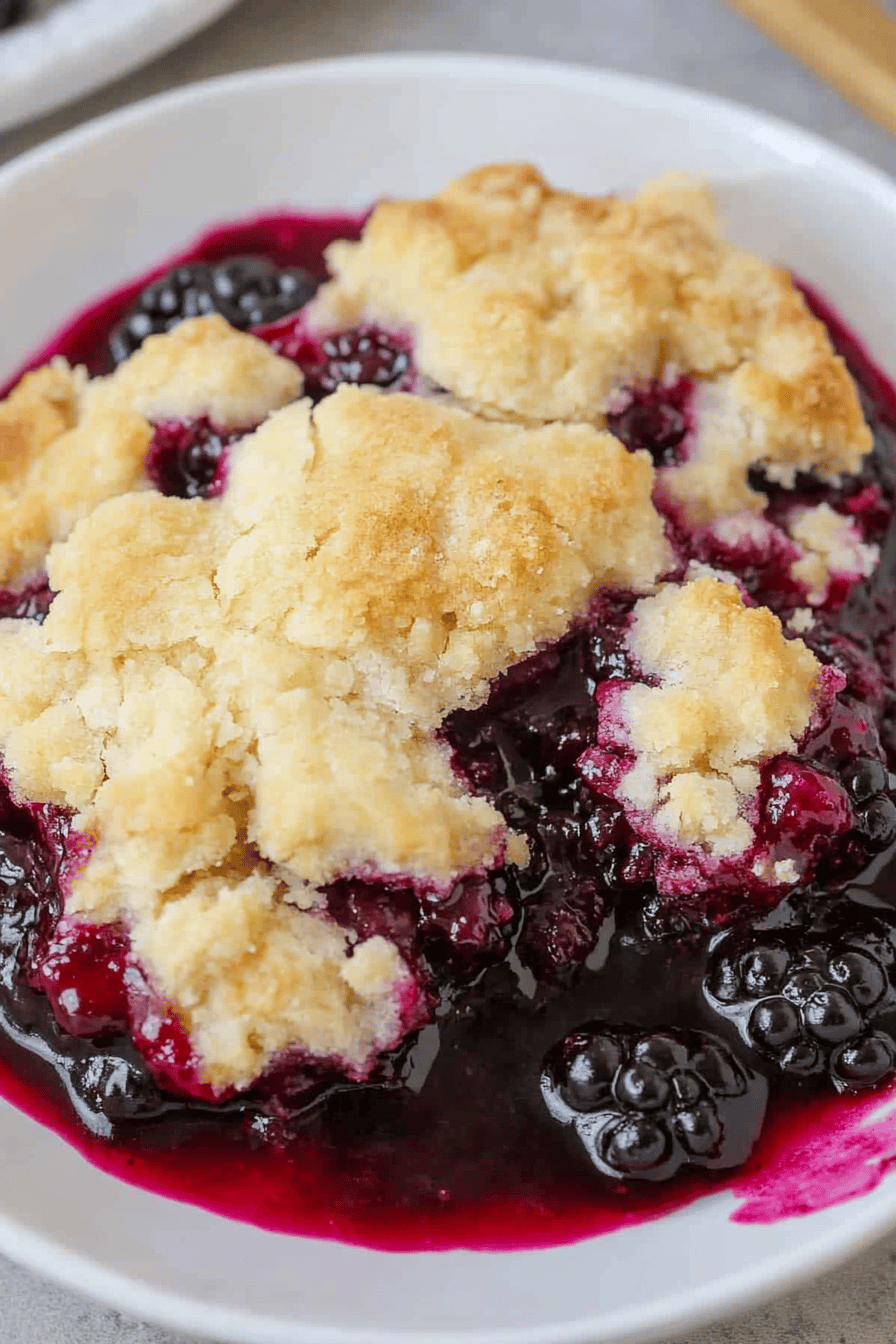 Blackberry Cobbler Recipe slice on plate showing perfect texture and swirl pattern