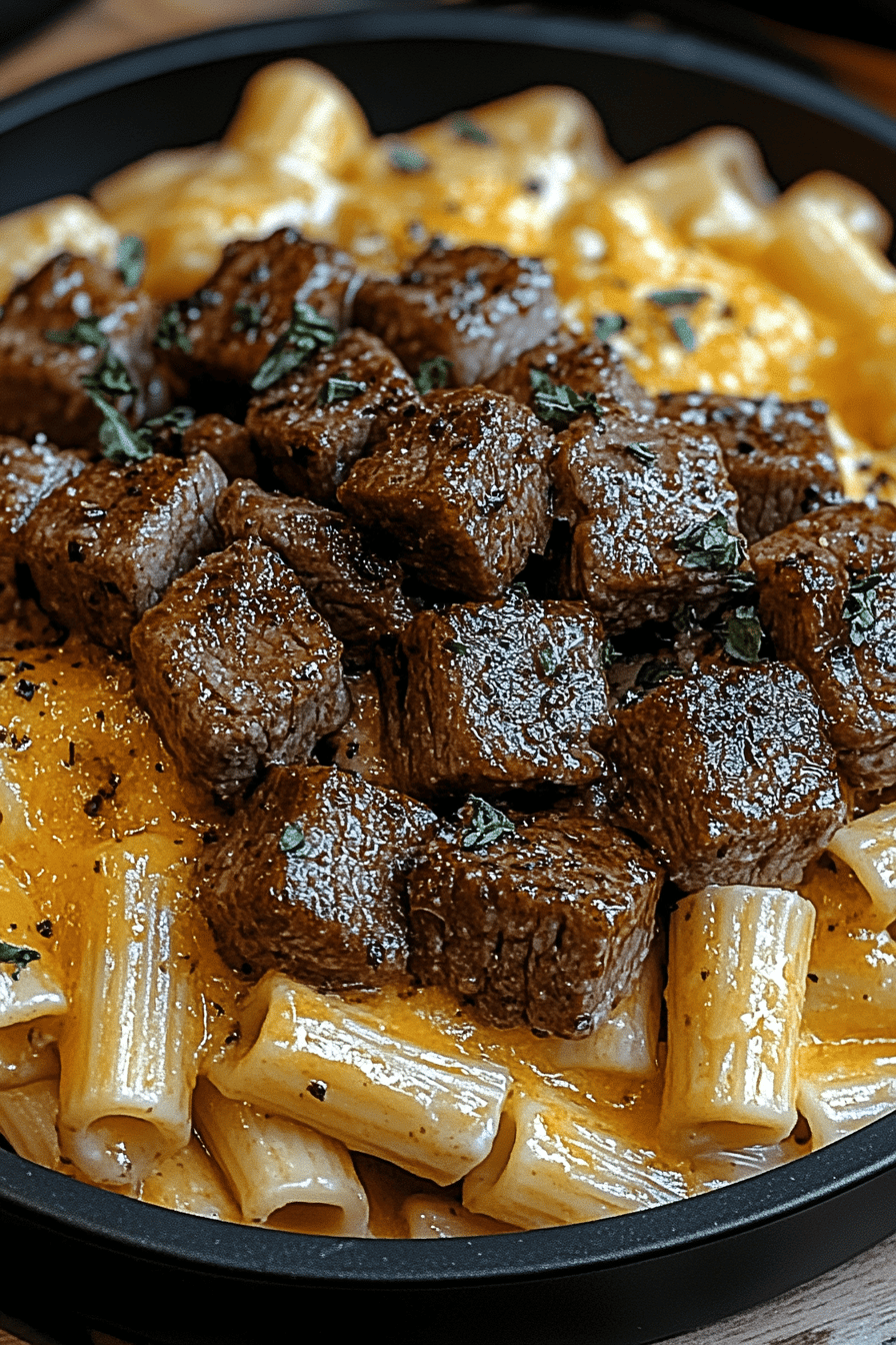Cajun Steak Tips Cheesy Rigatoni slice on plate showing perfect texture and swirl pattern