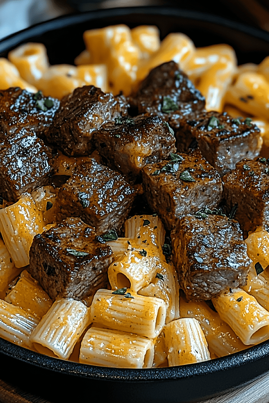 Cajun Steak Tips Cheesy Rigatoni final dish beautifully presented and ready to serve