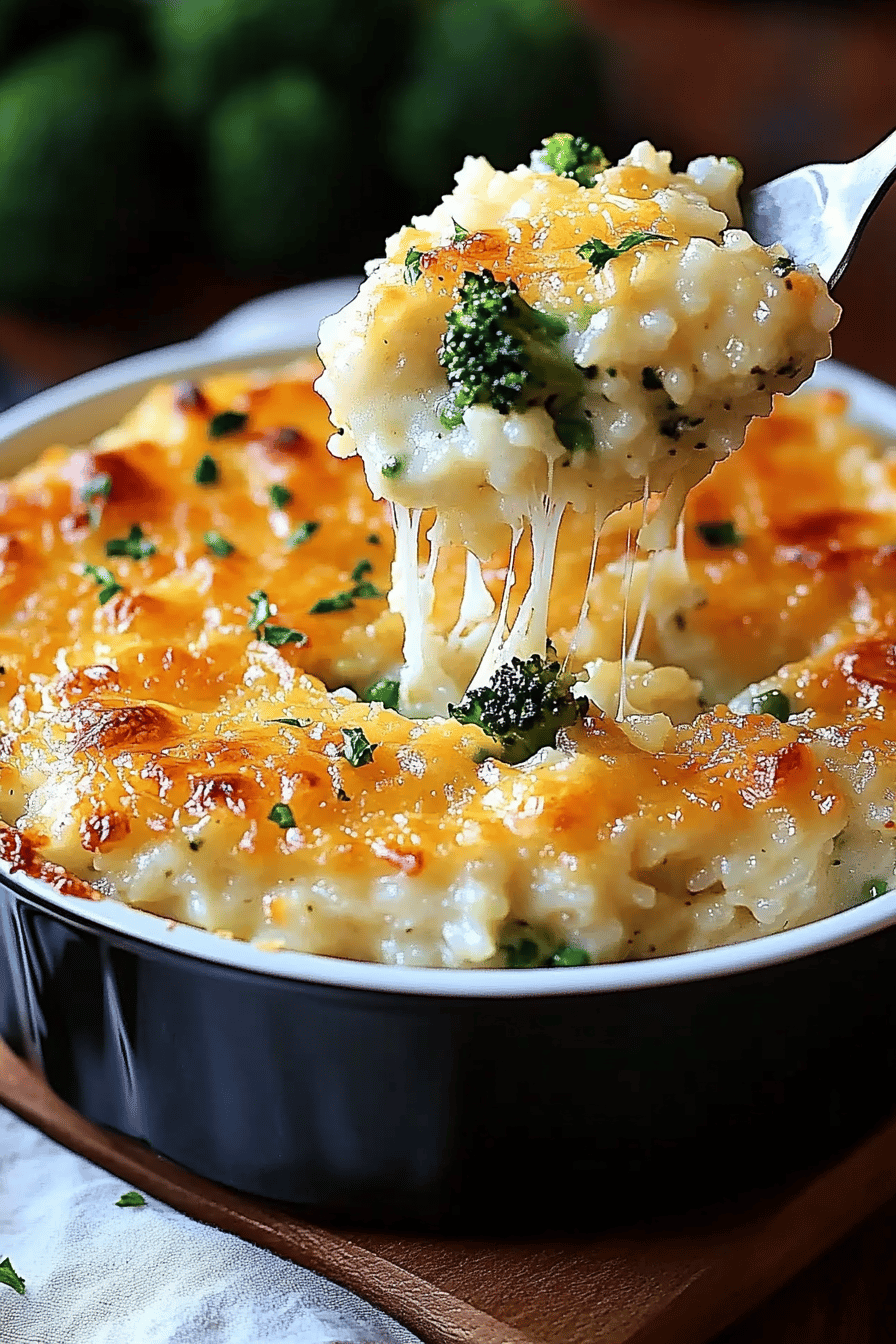 Cheesy Broccoli Rice Casserole final dish beautifully presented and ready to serve