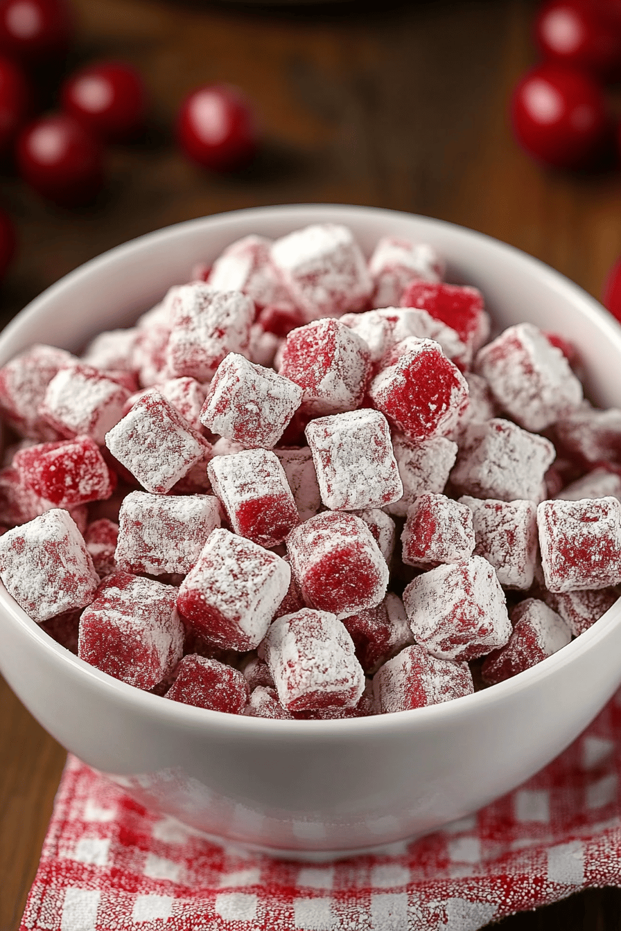 Cherry Cheesecake Puppy Chow final dish beautifully presented and ready to serve
