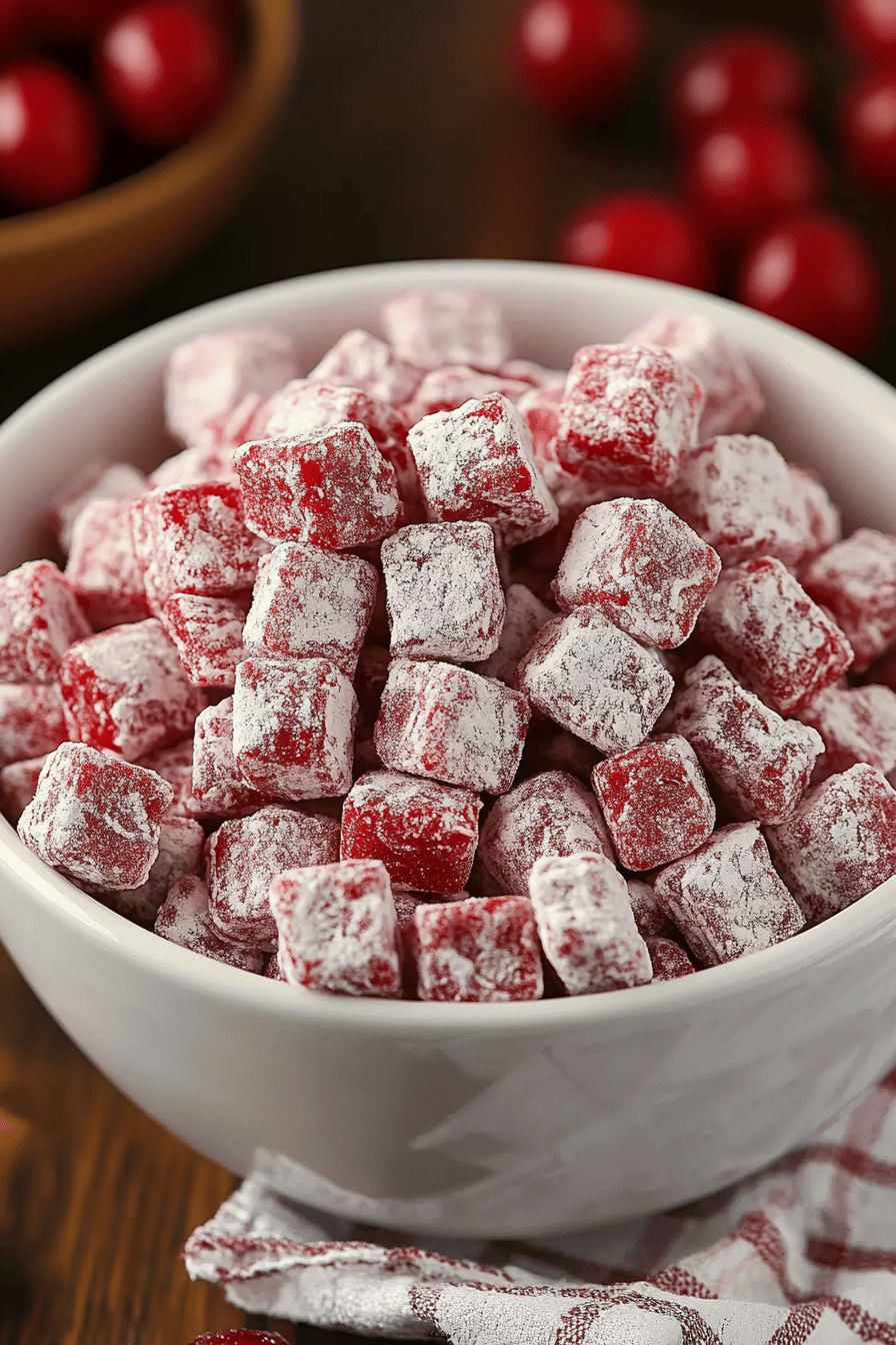 Cherry Cheesecake Puppy Chow ingredients organized and measured on kitchen counter