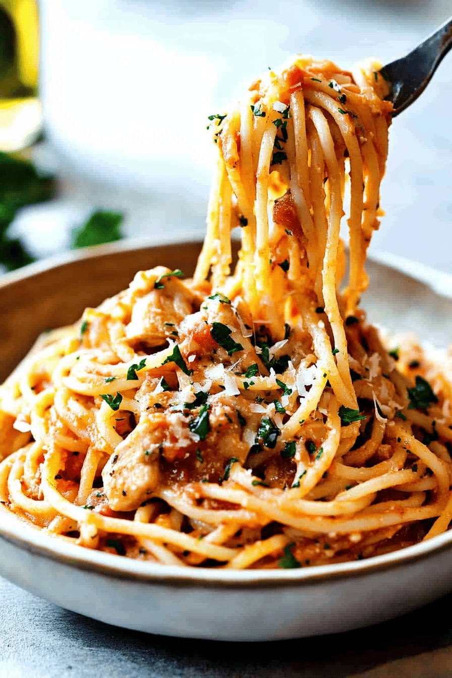 Chicken Spaghetti Surprise final dish beautifully presented and ready to serve