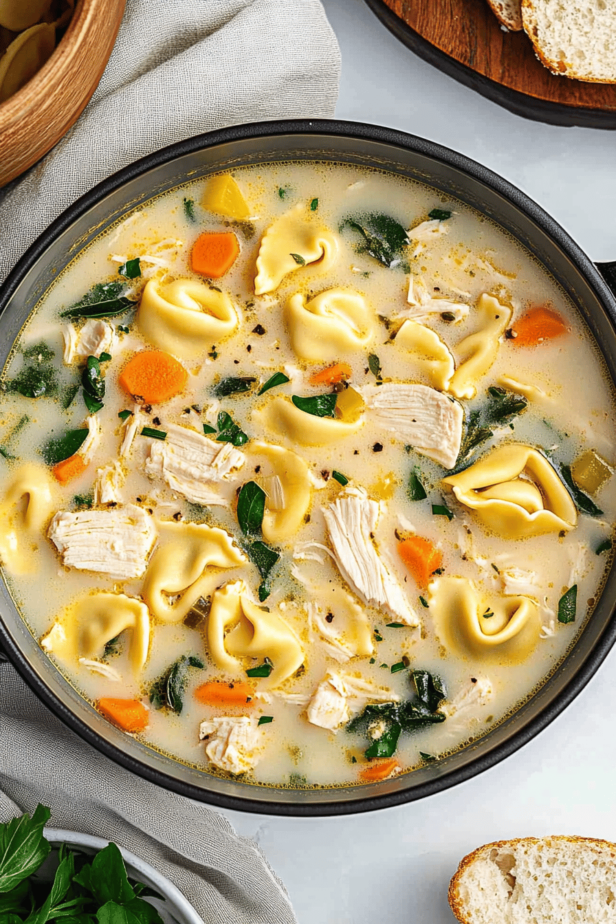 Chicken Tortellini Soup slice on plate showing perfect texture and swirl pattern