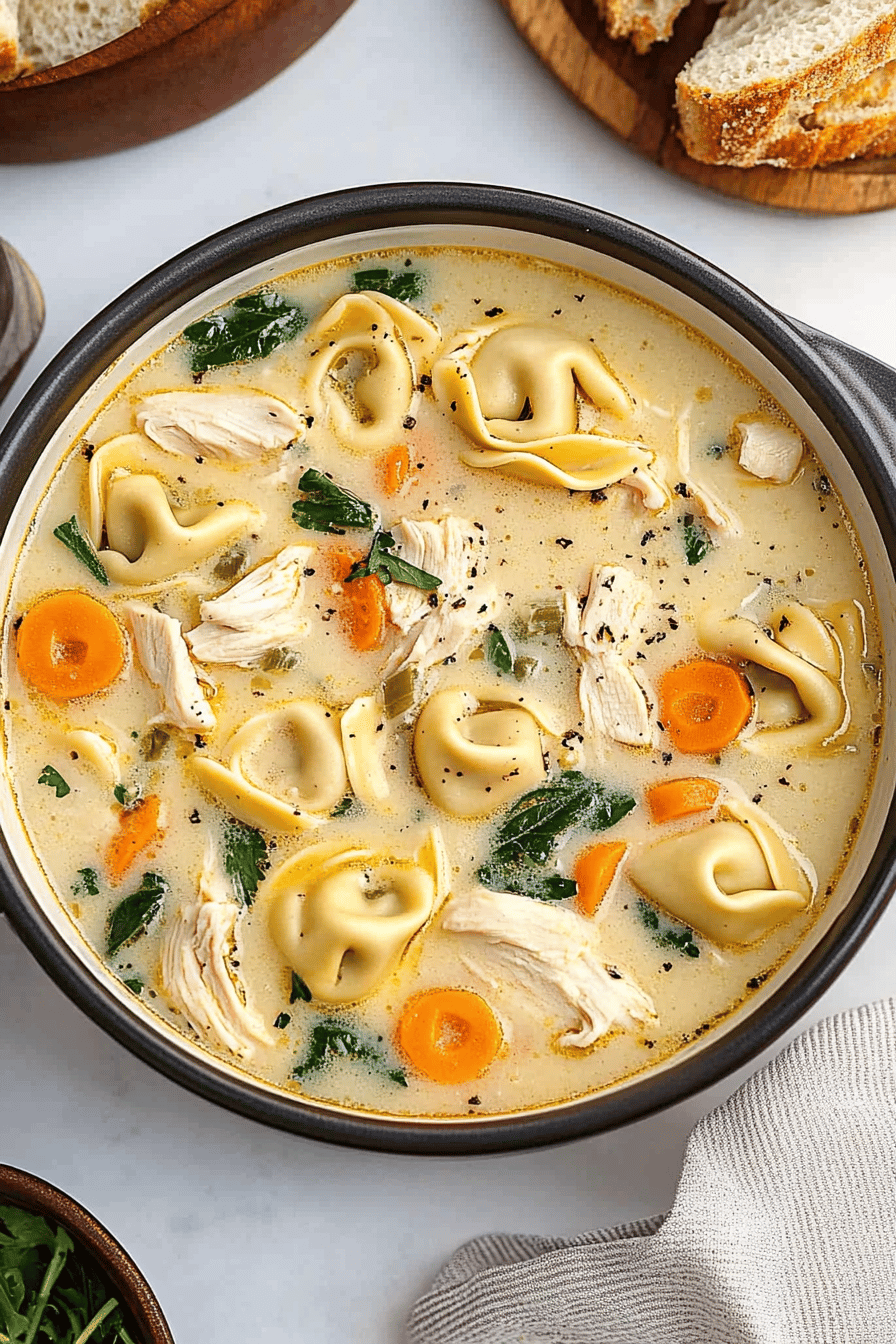 Chicken Tortellini Soup final dish beautifully presented and ready to serve