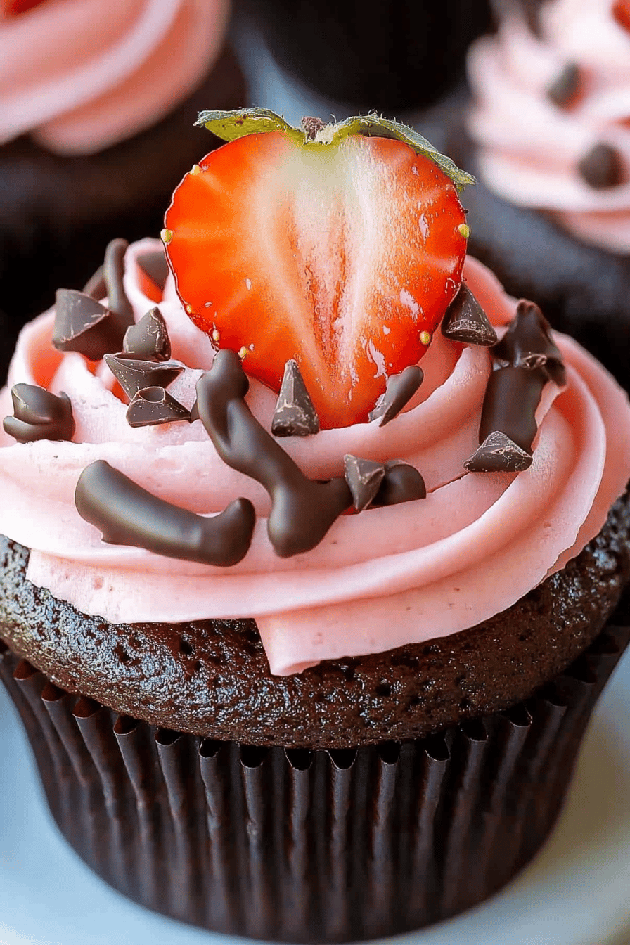 Chocolate-Dipped Strawberry Cupcakes final dish beautifully presented and ready to serve
