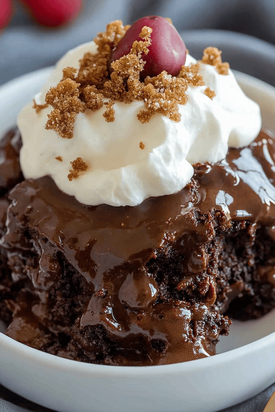 Chocolate Pudding Cake slice on plate showing perfect texture and swirl pattern