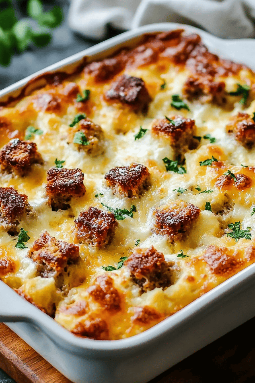 Christmas Breakfast Casserole final dish beautifully presented and ready to serve