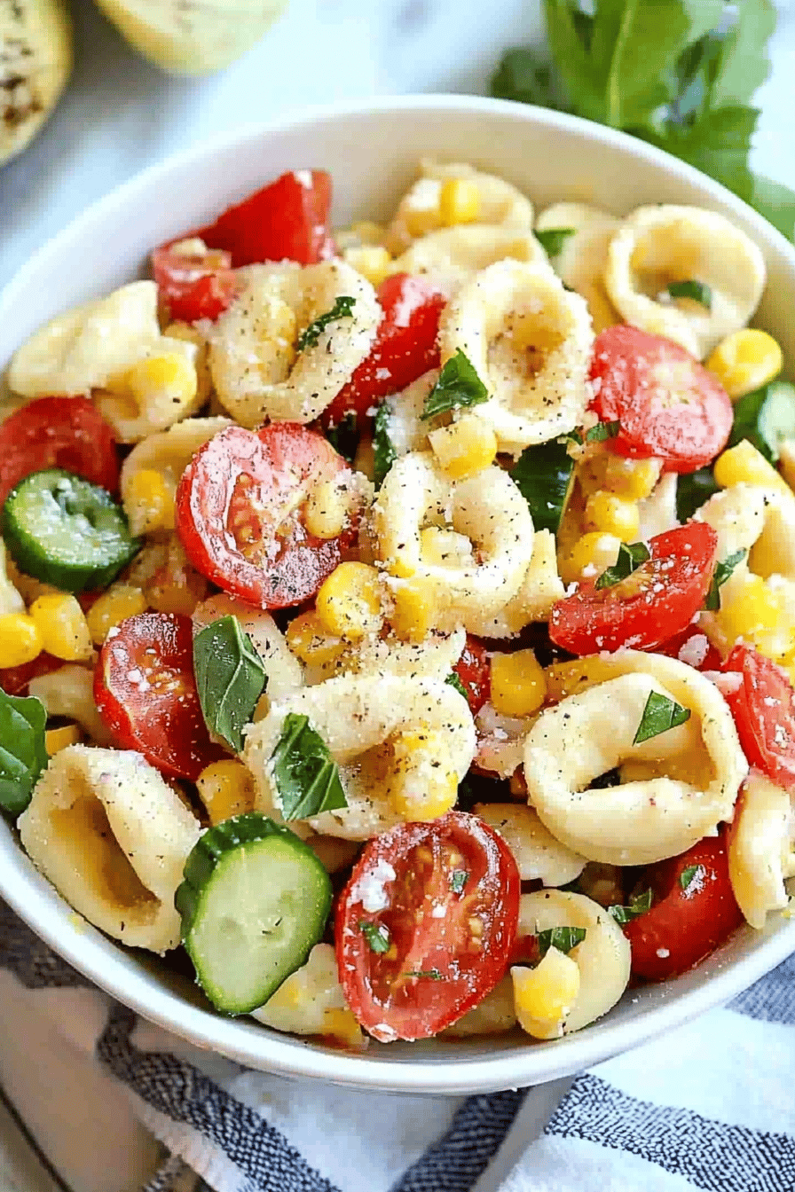 Corn Tomato Tortellini Pasta Salad final dish beautifully presented and ready to serve